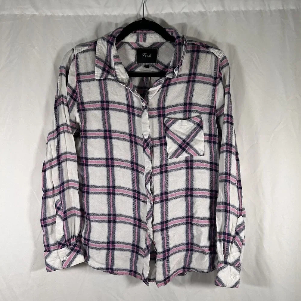 Rails Blouse Women's Medium White Pink Plaid Button Up Long Sleeve Flannel